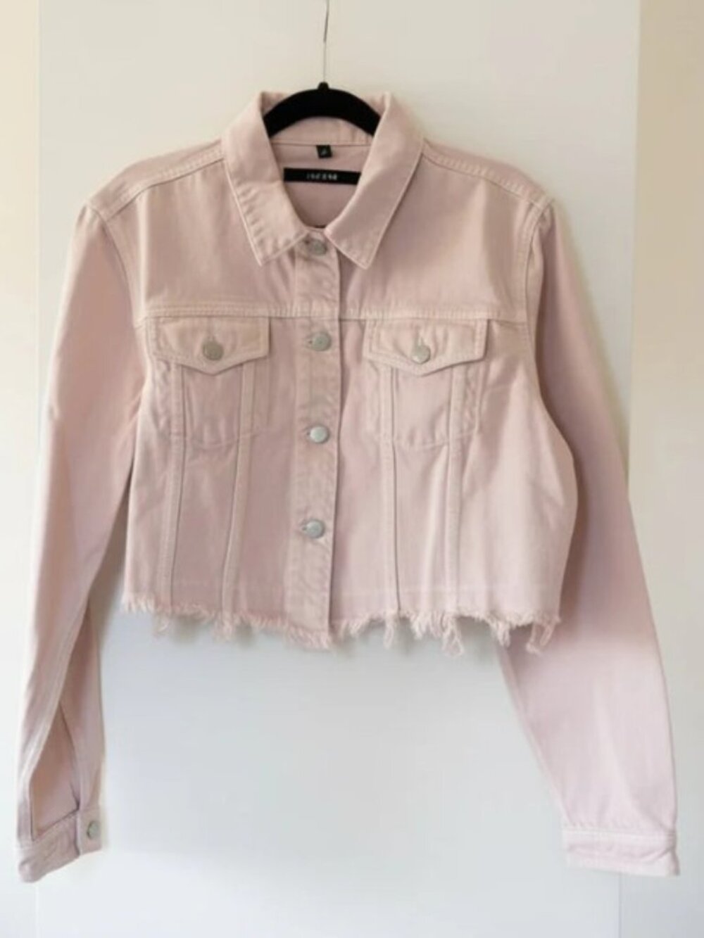 J Brand Pink Cropped Trucker Denim Jacket M Oversized Raw Hem